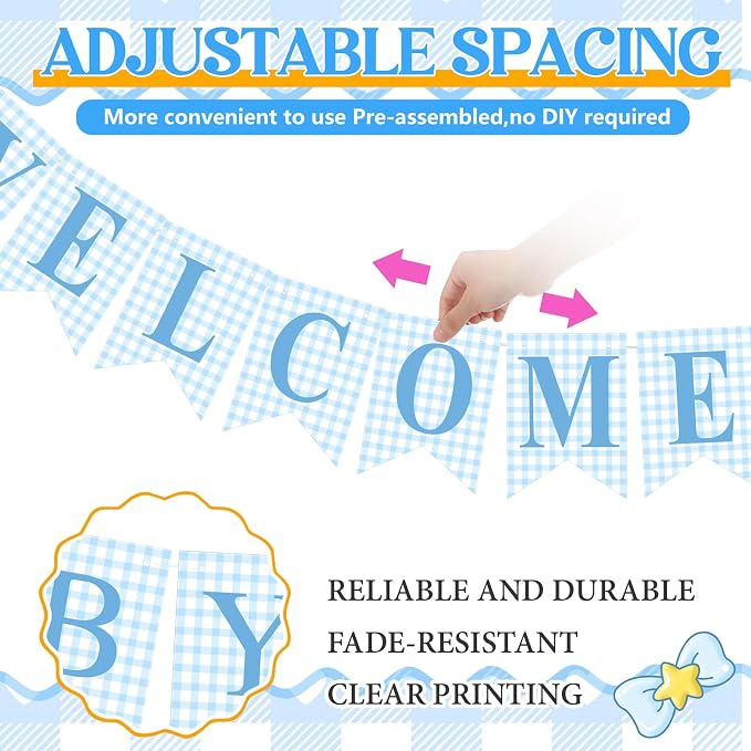 Hahafelt 1 Pcs Blue Gingham Welcome Baby Banner - Image 2