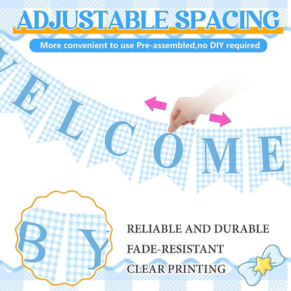 Hahafelt 1 Pcs Blue Gingham Welcome Baby Banner - Image 2