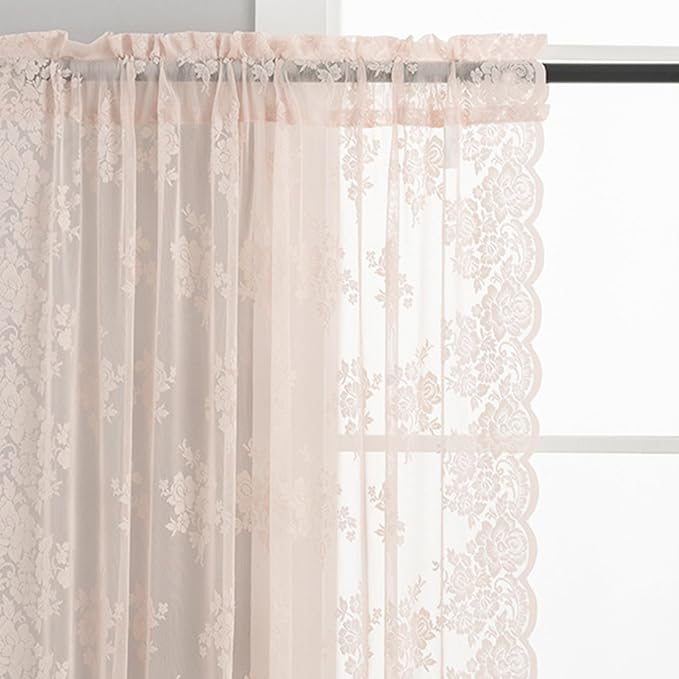 Kotile Blush Pink Lace Curtains Country Floral W42 x L36 Inch, 2 Panels | Rod - Image 2