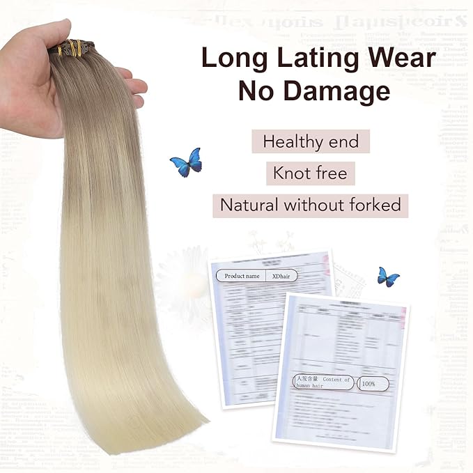 XDhair Hair Extensions Clip in Human Hair 100g 14 Inch Ash Brown to Platinum Blonde Human Hair Clip in Extensions Double Weft 6pcs for Women(14, #8T60)