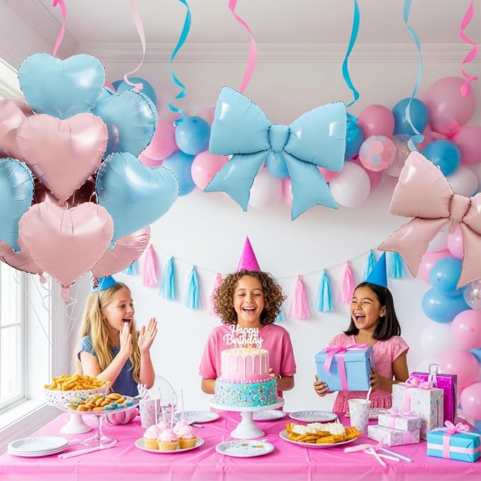 Vuzvuv Pink Blue Heart Balloons Pink Blue Bow Balloons Set, Anniversary - Image 5