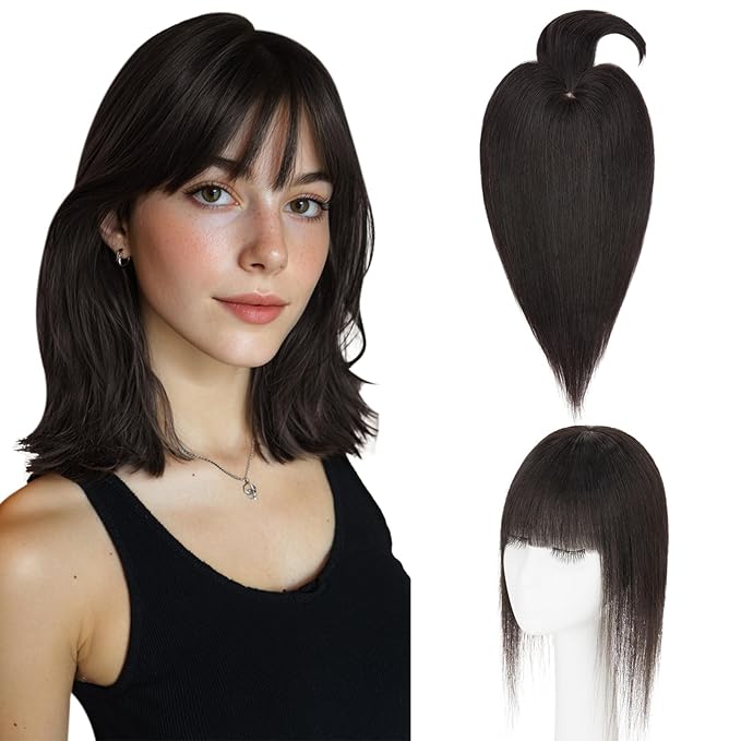 Hairro Mono Hair Toppers with Bangs, 3.4" x 3.4" Mono Base 100% Real Human Hairpieces for Women, 150% Density Clips In Topper for Greyish Thinning Hair, 10 Inch Natural Black