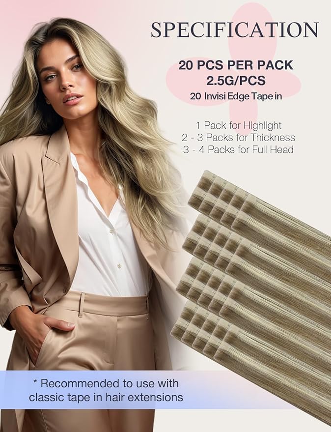 DOORES Invisi Edge Human Hair Tape in Extensions, Light Brown Highlighted Medium Blonde 10 Injection Tape-ins with 10 Injection Tape-ins 50g 24 Inch, Injected Tape in Virgin Human Hair
