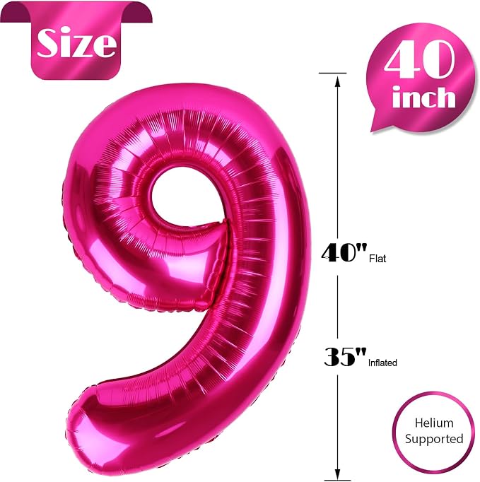 Hot Pink Number 9 Balloon 40 Inch, 9th Birthday Decorations Men Women | Foil - Image 5