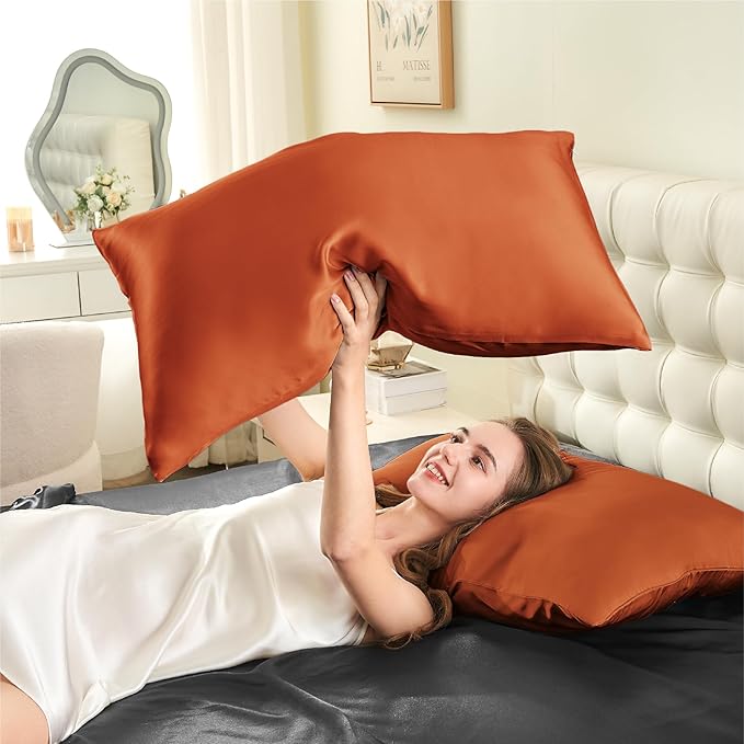 INFIIXSO Silk Pillow Cases 2 Pack Standard Size, Ultra Smooth & Soft Mulberry Silk Pillow Case for Hair and Skin, Breathable Cooling Silk Pillowcase with Hidden Zipper (Brunt Orange, 20x26 Inches)