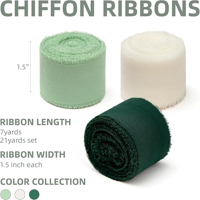 KEOSREE Cream White & Sage Green Chiffon Ribbon, 1.5" x21Yd | Frayed Fringe - Image 2