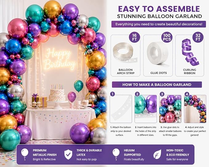 Chrome Metallic Balloons 12 Inch – 100 Pack Assorted Multicolor Latex Balloons - Image 5