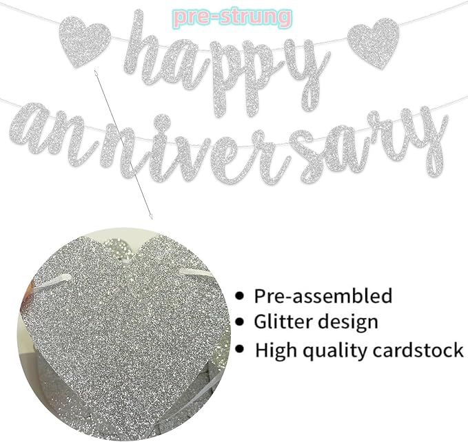 Pre-Strung Happy Anniversary Banner Bunting Silver Hanging Sign Garland - Image 6