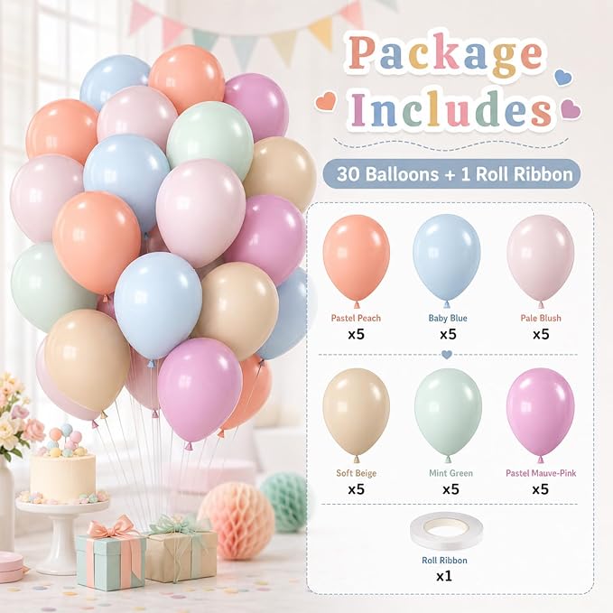 Pastel Retro Balloons, 12 Inch 6 Color Blue Purple Green Pink Beige Latex Party - Image 3