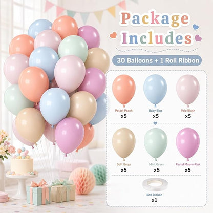 Pastel Retro Balloons, 12 Inch 6 Color Blue Purple Green Pink Beige Latex Party - Image 3