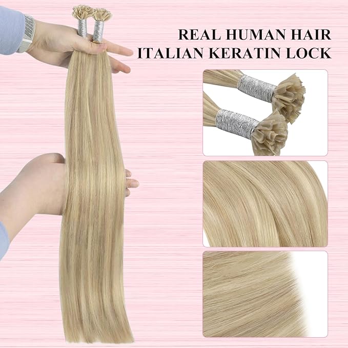 YoungSee Utip Hair Extensions Human Hair Highlight Blonde U Tip Hair Extensions Ash Blonde Mixed Bleach Blond Ktip Hair Extension Highlight Pre Bonded Hair Extension 14In 1G/S 50G for Parties