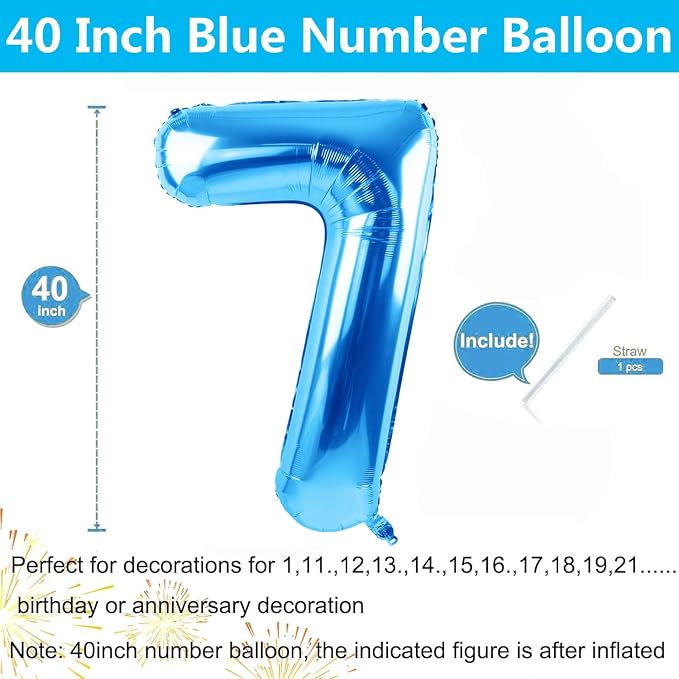 40 inch Blue Number Balloon Giant Foil Helium Balloons Blue Number 7 Balloon - Image 2