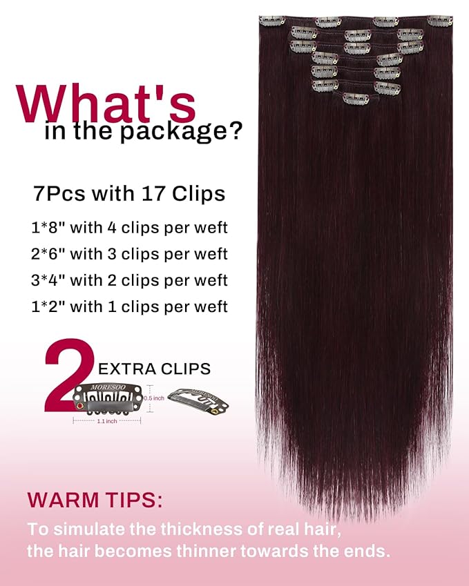 Moresoo Burgundy Human Hair Clip in Extensions Double Weft Wine Red Hair Extensions Clip in Human Hair Red Wine #99J Full Head Set 7Pieces 120G 24inch