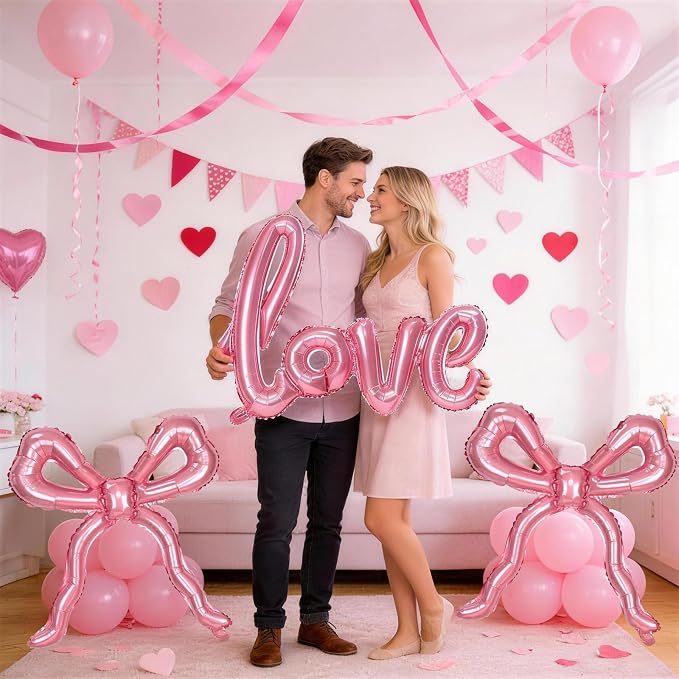 Pink Love Bow Balloons Set, 42 Inch Giant Foil Love Letter Balloon 22 Inch Bow - Image 5