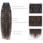 FB30 Highlight Ombre Curly Clip In Extension Human Hair 3C 4A Kinky Curly Clip Ins Full Head for Black Women Brazilian Remy Human Hair Balayage Brown 8Pcs with18clips 120g/Set (14 inch)