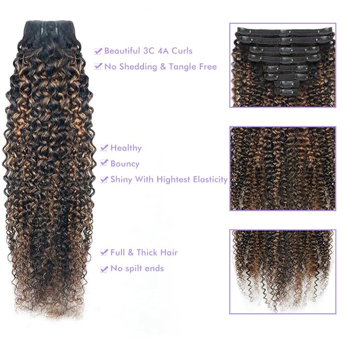 FB30 Highlight Ombre Curly Clip In Extension Human Hair 3C 4A Kinky Curly Clip Ins Full Head for Black Women Brazilian Remy Human Hair Balayage Brown 8Pcs with18clips 120g/Set (18 inch)