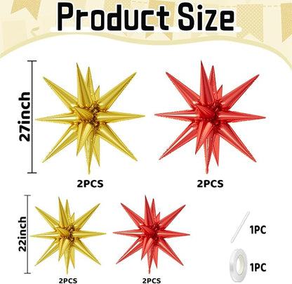 22/27 Inch Gold Red Star Balloons, Cone Spike Balloon, Aluminum Foil Balloon - Image 2