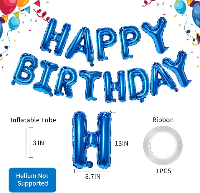 Blue Happy Birthday Balloon Banner, 16 Inch Foil Mylar Happy Birthday Balloons - Image 2