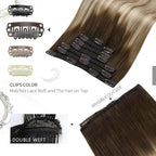 Moresoo Balayage Clip in Hair Extensions Medium Brown to Light Brown with Medium Blonde Ombre Clip in Human Hair Extensions Remy Human Hair Long Full Head 120g/7pcs 20in