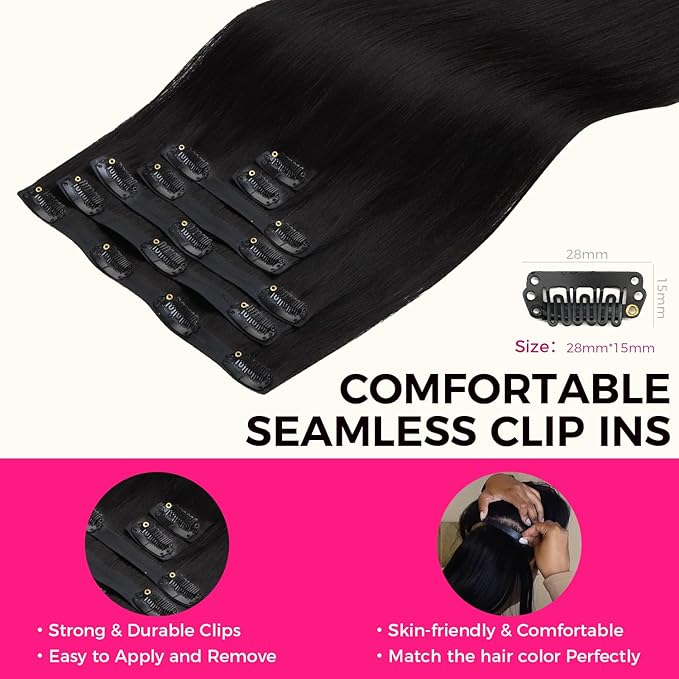 Lashey Seamless Clip in Hair Extensions Human Hair #1 Jet Black Light Yaki Straight Clip in Hair Extensions Real Human Hair 7pcs 110g 16 Inch PU Weft Natural Hair Extension for Women
