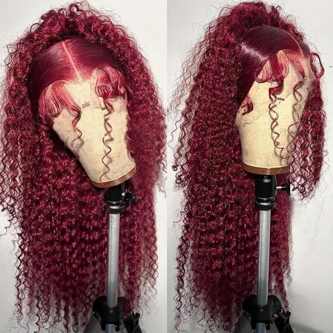30 Inch Burgundy Wig Human Hair Deep Wave, Hidden Strap 360 Lace Front Wigs Human Hair Pre Plucked Pre Cut Glueless Drawstring, 99J Burgundy Curly Human Hair Wig for Women