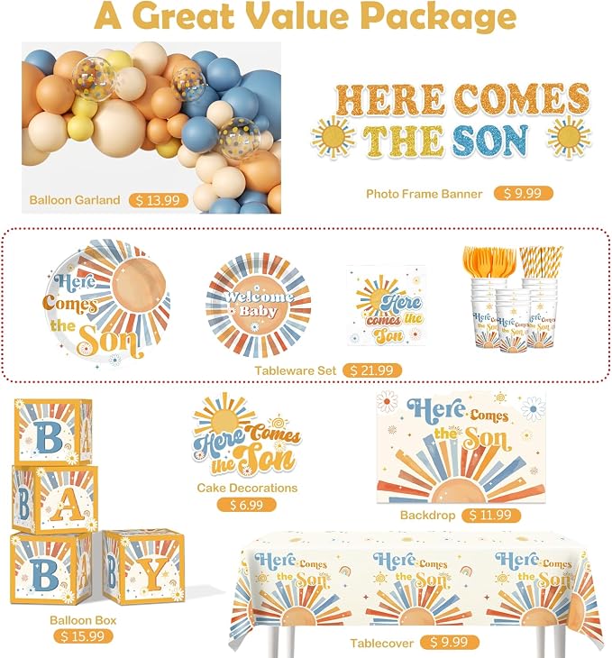 233 Pcs Here Comes The Son Baby Shower Decor - Image 3