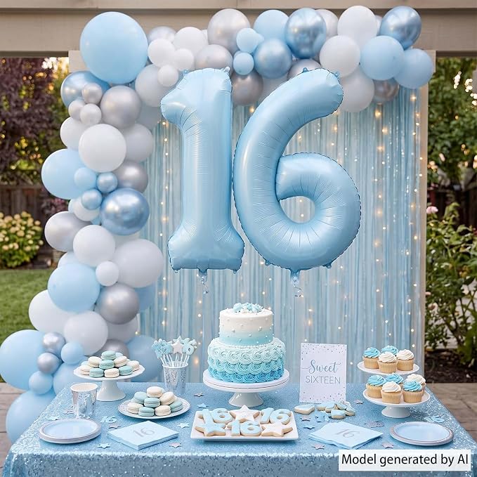 Baby Blue Number 16 Balloon 40 Inch, Foil Digits Theme Party Supplies | Elegant - Image 7