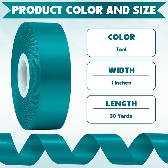 1In 30Yards Teal Satin Ribbon for Gift Wrapping Wedding Christmas Party | Sleek - Image 2