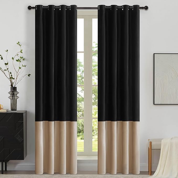 Black Beige Velvet Blackout Curtains Luxury Decor 120 inches, Color Block | by ModernShinyVelvetCurtains