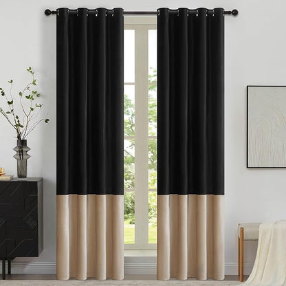 Black Beige Velvet Blackout Curtains Luxury Decor 108 inches, Color Block | by ModernShinyVelvetCurtains