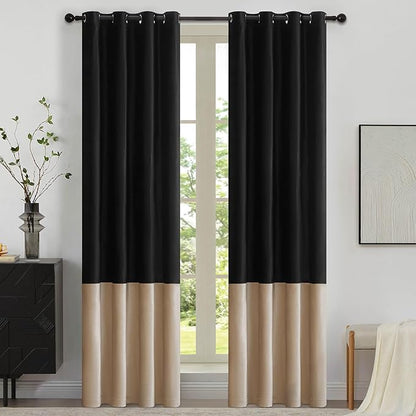 Black Beige Velvet Blackout Curtains Luxury Decor 84 inches, Color Block | by ModernShinyVelvetCurtains