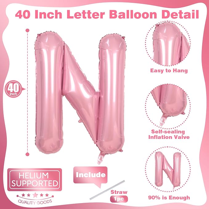 Pastel Pink N Letter Balloon, 40 Inch Giant Light Pink Mylar Helium Foil - Image 2