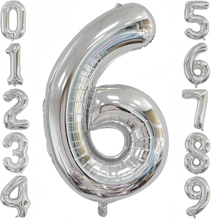 Silver 6 Balloon, 40 Inch Number 6 Balloon, 6 Birthday Balloon Decorations by BBPOOL