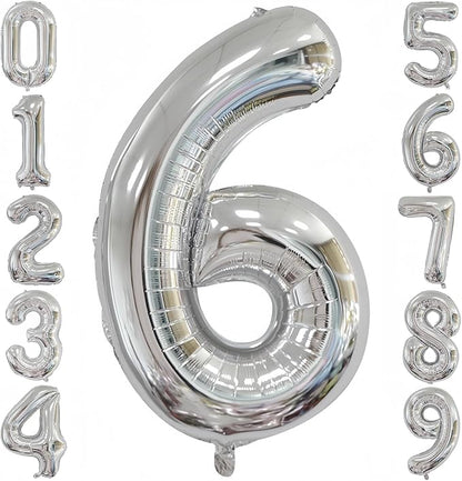 Silver 6 Balloon, 40 Inch Number 6 Balloon, 6 Birthday Balloon Decorations by BBPOOL