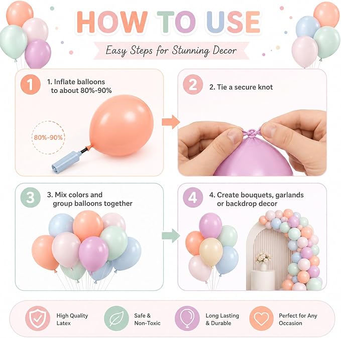 Pastel Retro Balloons, 12 Inch 6 Color Blue Purple Green Pink Beige Latex Party - Image 5