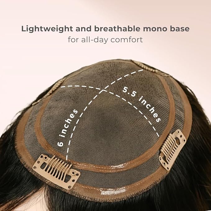 Katalaeya Hair 100% Human Hair Topper - Aurora Crown Double-Drawn Remy Clip-In Mono Base Top Piece for Women with Thinning Hair, Alopecia & Chemo Hair Loss (613)