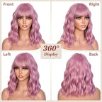 Pink Wig With Bangs Wave Bob Wigs for Women 14 Inch Short Loose Wavy Heat Resistant Synthetic Wig Shoulder Length Hair for Daily and Cospaly Party Use