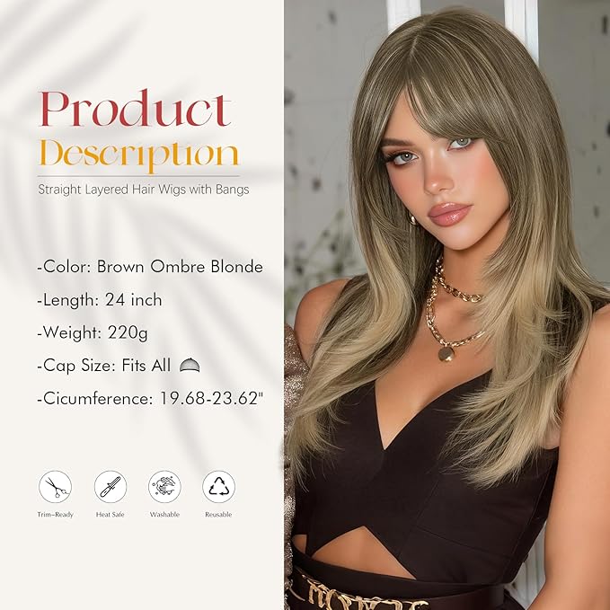 SOFEIYAN Long Straight Layered Brown Ombre Blonde Wig with Bangs 24 Inch Synthetic Natural Hair Wig Soft Heat Resistant Long Wigs for Women Daily Party Use