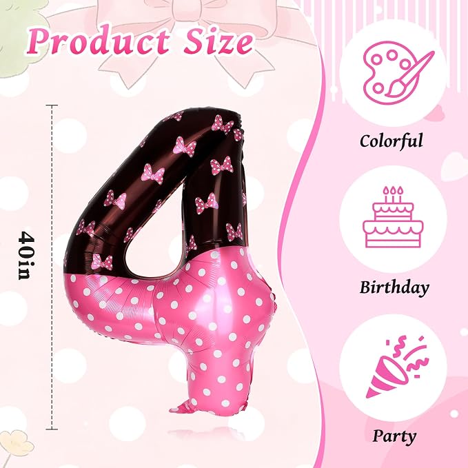 40 Inch Pink Cartoon Mouse Number 4 Balloon, Birthday Party Decorations | Black - Image 3