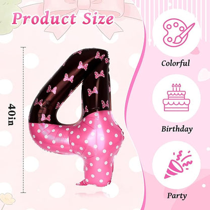 40 Inch Pink Cartoon Mouse Number 4 Balloon, Birthday Party Decorations | Black - Image 3