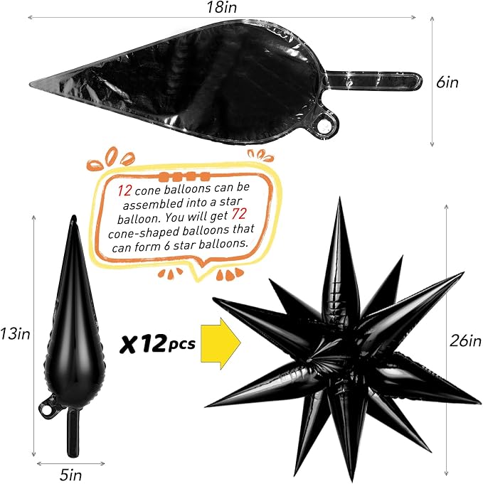 72 PCS Black and Silver Star Balloons, Large 26 Inch Foil Spike Balloons - Image 6