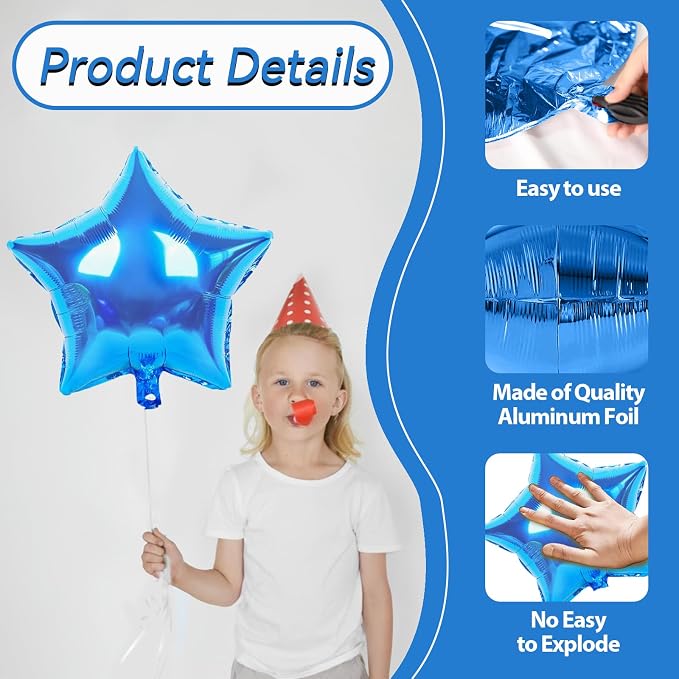 Blue Black Silver Star Foil Balloons, 18 Inch Metallic Star Pentagram Balloons - Image 3