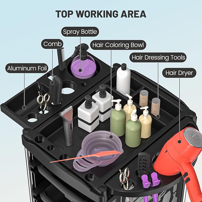 FreSup 6-Tier Salon Cart with Wheels, Stainless Steel Hair Salon Storage Tool Cart, Barber Station Trolley, Rolling Beauty Organizer for Hair Stylist, Makeup, Skincare, SPA, Tattoo （Upsized Tray）