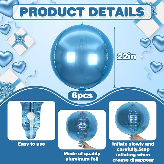 6Pcs Blue Round Foil Balloons, Giant 4D Round Ball Balloons, 22 Inch Metallic - Image 2