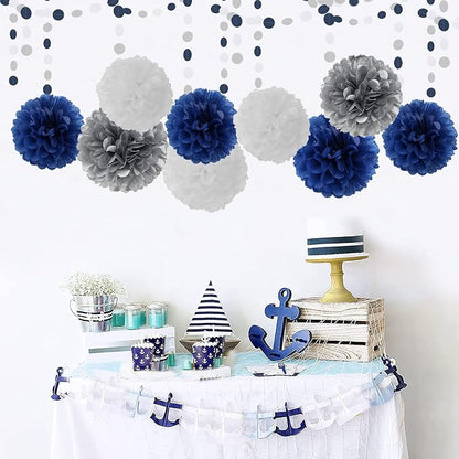 Navy-Blue White Silver Tissue Pom-Poms - Image 3