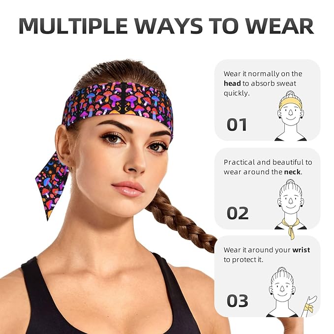 Boys Girls Cool Sports Sweat Band Head Decor for Running Athletic Spa, Long Multipurpose Goth Sun Moon Star Magic Hippie Trippy Mushroom Head Ribbon Headdress