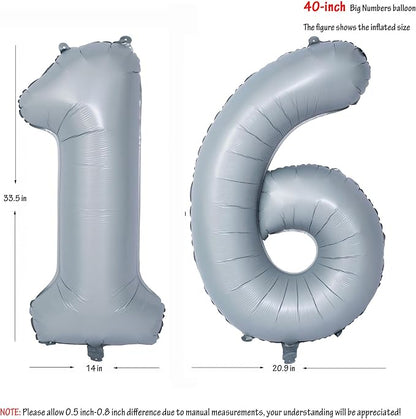 40 In Matte gray Number Balloon Helium Foil Mylar Birthday Balloon Digit 16 | - Image 2
