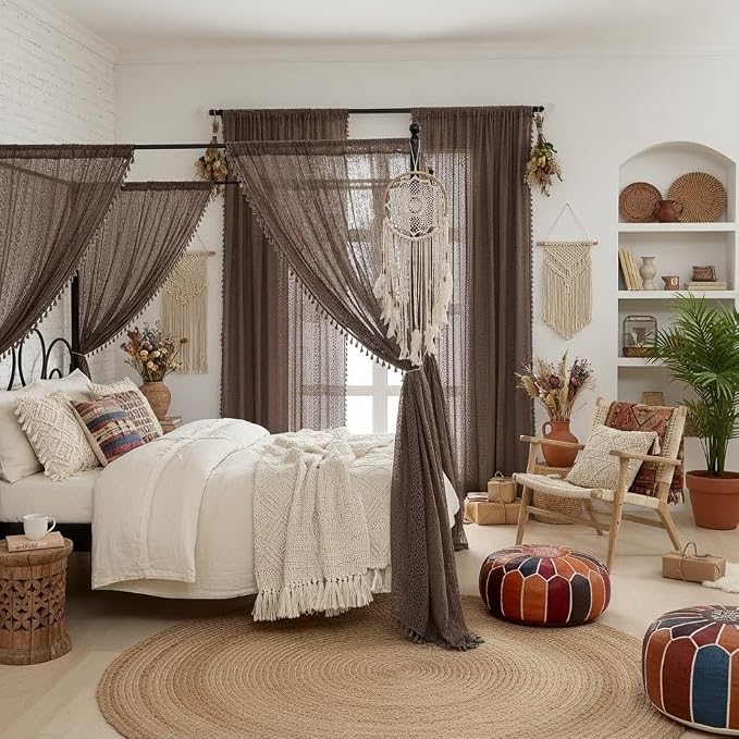 WAZZIO Boho Lace Curtains 84 Inches 2 Panel, Light Filtering Privacy Tassel & - Image 2