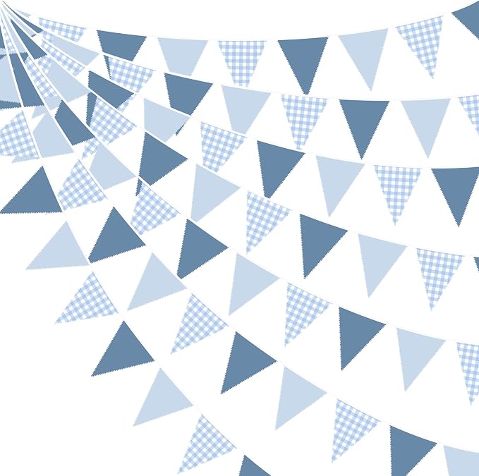 32Ft Dusty Blue Party Decorations Retro Blue Gingham Triangle Banner Flag by pinkblume