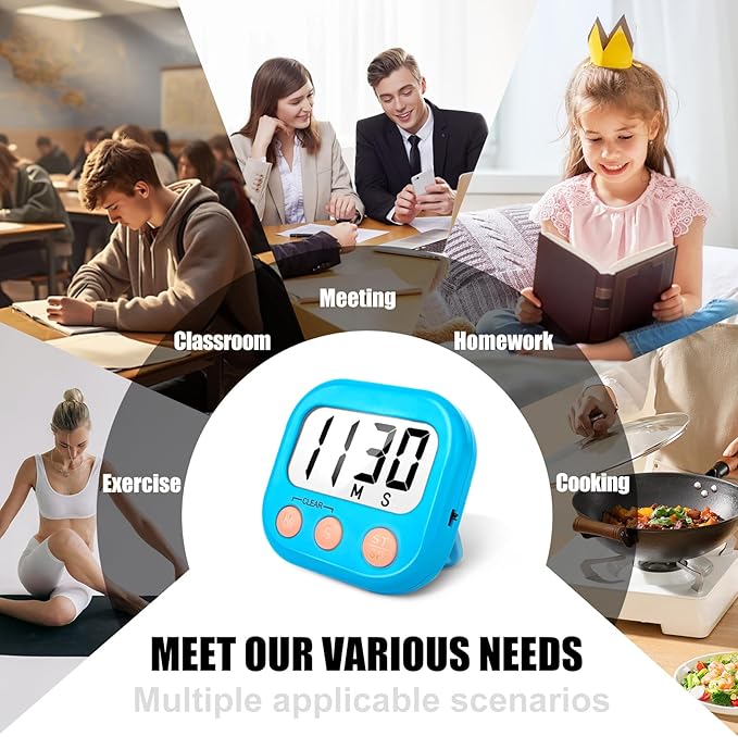 6 Pack Kitchen Timers Loud Ring Digital Timers for Cooking Magnetic Blue